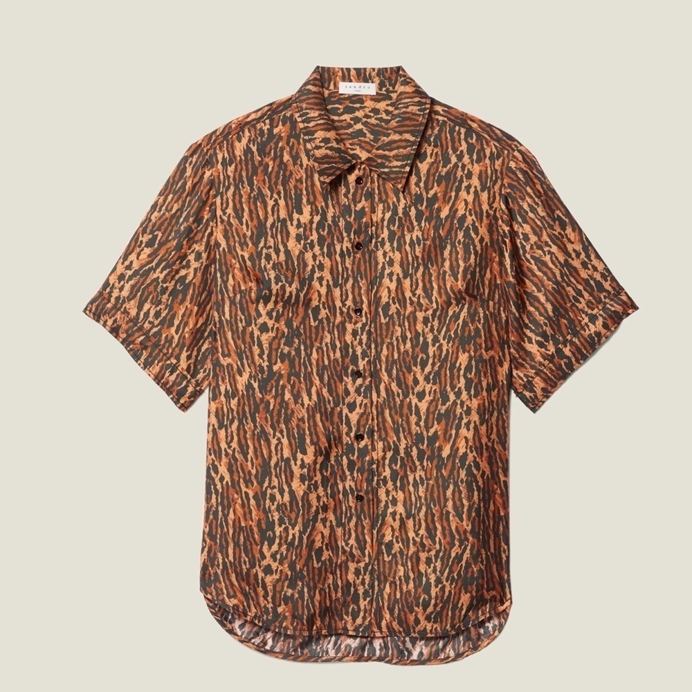 Sandro Paris | Evie Leopard Print Silk Short Sleeve Shirt | 2 (Medium) - Picture 2 of 12